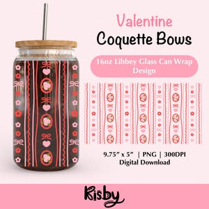 Lazo de corazones de San Valentín, envoltura de lata de vidrio de 16 oz de Libbey, diseño PNG, vaso de cerveza de San Valentín de Coquette, envoltura de café navideña con protección UV Dtf