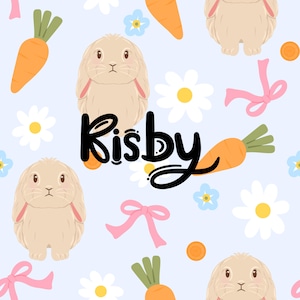 May include: A light blue background with a repeating pattern of cartoon bunnies, carrots, daisies, and pink bows. The word "Risby" is written in black cursive script across the center of the image. The bunnies are beige with pink ears.