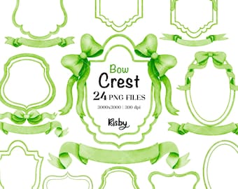 Green Coquette Ribbon Bow Crest PNG Clipart, Preppy Grandmillenial Christmas Png, Hand Painted Banner, Wedding Monogram Crest