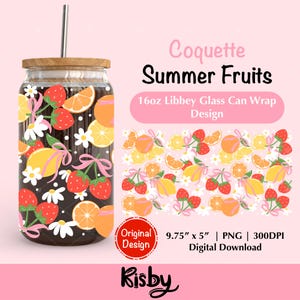Coquette Fruits 16Oz Libbey Glass Can Wrap PNG Design Strawberry Bows Glass Wrap Coquette Bow Glass Wrap Trendy Cute Summer Fruits Glass Can
