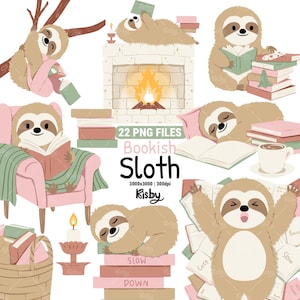 Könnte beinhalten: Eine Sammlung digitaler Illustrationen mit hellbraunen Faultieren in verschiedenen Posen mit Büchern, einem Kamin, einer Kerze und einem Korb. Der Text lautet 22 PNG FILES Bookish Sloth 3000x3000 | 300dpi Risby. Die Faultiere lesen, schlafen und entspannen sich.