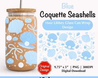 Blue Chinoiserie Coquette Seashells 16Oz Libbey Glass Can Wrap PNG Coastal Girly Glass Can Wrap Beach Summer Sublimation UV DTF Cup Wrap Png