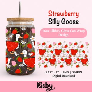 Cute Strawberry Goose 16Oz Libbey Glass Can Wrap PNG Design, Silly Goose Tumbler Wrap UV DTF Decal Design, Spring Summer Png