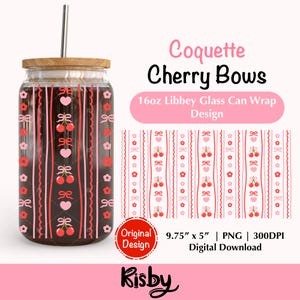 Coquette Cherry Bows PNG For 16Oz Libbey Glass Can Wrap Design Coquette Summer Fruit Iced Coffee Glass Cup Png Cute Girly Can Cup Wrap Png