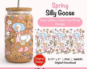 Wiosenna kokietka Silly Goose 16oz Libbey szklana puszka owijka Png Flower Spring Bows Cup Wrap Whimsical Cottagecore Spring Goose Iced Coffee Cup
