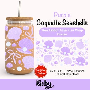 Coquette Seashell PNG For 16Oz Libbey Glass Can Wrap Coquette Ocean Bow Sea Glass Tumbler Design Coastal Girly Beach Summer Sublimation Wrap