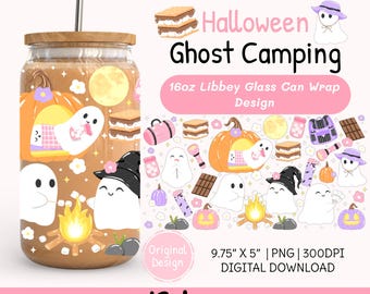 Cute Halloween Ghost Camping 16oz Libbey Glass Can Wrap Png Design, Spooky Campfire Iced Coffee Glass Can Wrap, Cozy Fall Tumbler Wrap Png