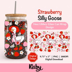 Coquette Strawberry Silly Goose 16Oz Libbey Glass Can Wrap PNG, Silly Goose Iced Coffee Cup Png, Strawberry Bows Cup Wrap Png, Tazza di primavera