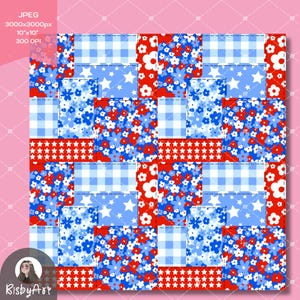 Digital paper showing a mix of gingham, daisies, and patriotic motifs in seamless layout