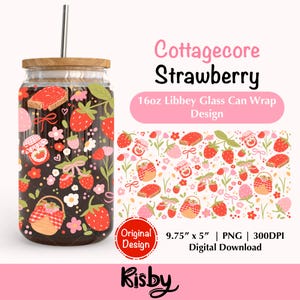 Cottagecore Strawberry 16Oz Libbey Glass Can Wrap PNG, Spring Picnic Can Wrap Png, Coquette Summer Fruit Iced Coffee Can Glass Wrap Png