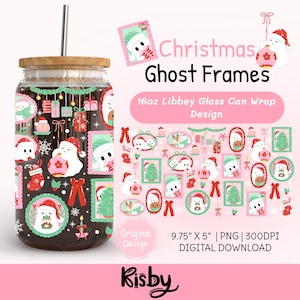 Puede incluir: Un diseño de envoltura de lata de vidrio con temática navideña con personajes fantasma con gorros de Papá Noel. El diseño incluye marcos, copos de nieve y cajas de regalo. El texto dice "Christmas Ghost Frames" y "16oz Libbey Glass Can Wrap Design". Las dimensiones son 24,77 cm x 12,7 cm.