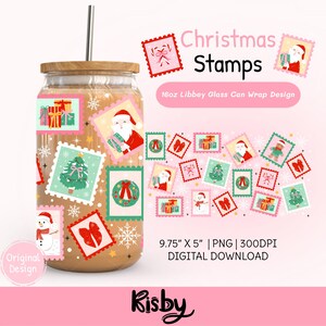 May include: A clear glass can-shaped tumbler with a wooden lid and a silver straw. The tumbler is decorated with Christmas-themed stamp designs featuring Santa Claus, Christmas trees, and gift boxes. The text "Christmas Stamps" is displayed above the design.