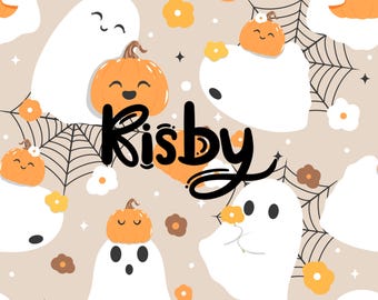 Cottagecore Halloween Ghost Pumpkin Seamless Pattern Preppy Spiderweb Floral Repeat Pattern Spooky Fall Digital Paper Designs PNG