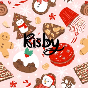 May include: A festive pattern featuring various Christmas treats on a light pink background. Gingerbread men, snowman cookies, and candy canes are among the illustrated sweets. The word "Kisby" is written in a cursive font.