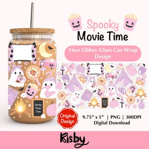 Avvolgimento per lattina di vetro Libbey da 16 once con motivo a film spettrale PNG, design rosa, per lattina di vetro per caffè freddo da campeggio, fantasma di Halloween, avvolgente per tazza da tumbler autunnale