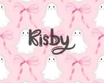 Halloween Ghost and Pink Coquette Bow Seamless Pattern Girly Preppy Grandmillenial Art For Fabric Printable Repeat Digital Paper Background