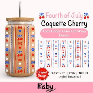 4th Of July Coquette Cherry Bow 16Oz Libbey Glass Can Wrap PNG Design Patriotic Cherries Tumbler Wrap Design Independence Day Cup Wrap Png