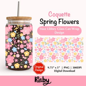 Spring Floral Bows 16Oz Libbey Glass Can Wrap PNG Design, Dainty Flowers Wrap, Coquette Aesthetic Glass Wrap, Pastel Flowers Ice Coffee Cup