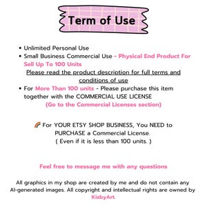 May include: A digital document titled Term of Use with a pink banner header. It outlines licensing rules including unlimited personal use, small business commercial use up to 100 units, and requirements for purchasing a commercial licence for larger quantities.