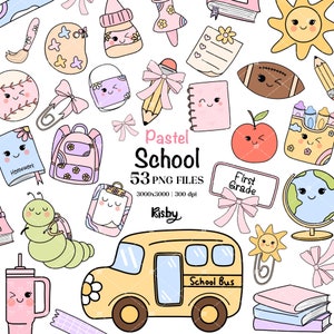 Clipart di forniture scolastiche pastello, Clipart retrò per il ritorno a scuola, Clipart per insegnanti di tendenza, Clipart di istruzione kawaii, Scuolabus, Libri a matita, Vibrazioni positive