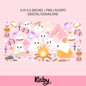Halloween cup wrap sublimation PNG design for iced coffee 16oz Libbey glass, featuring ghost campfire pattern