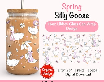 Coquette Silly Goose 16Oz Libbey Glass Can Wrap PNG Design, Spring Cottagecore Goose Iced Coffee Cup Uv Dtf Png Design, Commercial Use