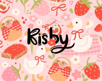 May include: A pink background with a repeating pattern of strawberries, goose, jars of jam, and toast with jam. The text "Risby" is written in black cursive.