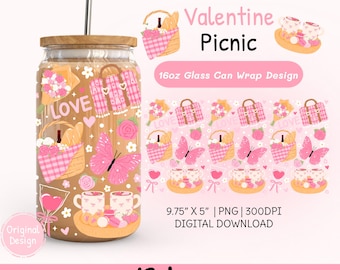May include: A 16oz glass can wrap design with a Valentine's Day picnic theme. The design features pink butterflies, picnic baskets, and the word "LOVE". The design also includes the text "Valentine Picnic" and "16oz Glass Can Wrap Design".