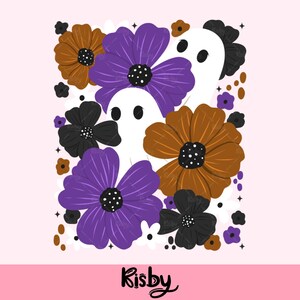 May include: A digital illustration featuring two white ghosts interspersed among large purple, brown, and black flowers with white-dotted centers. Small black star icons and brown and purple dots are scattered throughout the design. The word Risby is printed in black at the bottom.