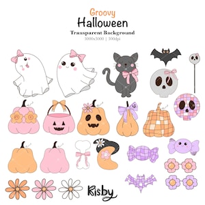 Groovy Halloween Clipart Girly Preppy Halloween Spöke Png Retro Höst Pumpa Rosett Png Spooky Säsong Png Halloween Gåva Digital Nedladdning bild 3