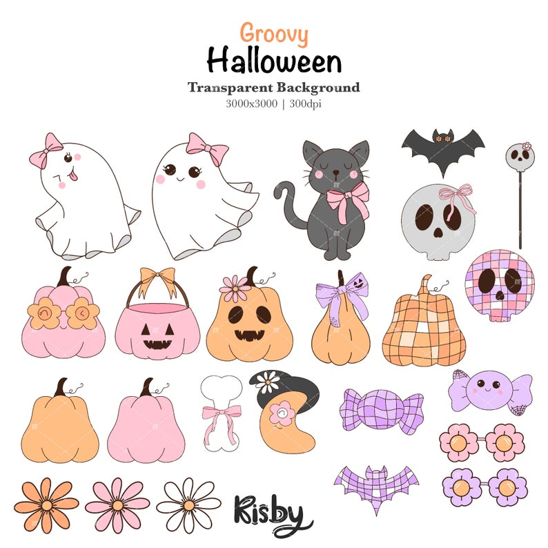 Groovy Halloween Clipart Girly Preppy Halloween Spöke Png Retro Höst Pumpa Rosett Png Spooky Säsong Png Halloween Gåva Digital Nedladdning bild 3