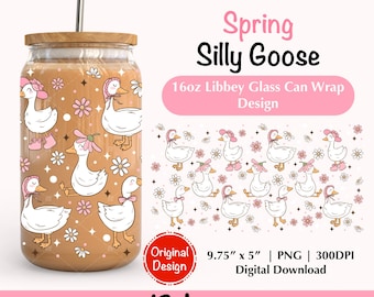 Cottagecore Goose 16oz Libbey Glass Can Wrap Png Design Goose Daisy Flowers Cup Wrap Pastel Spring Iced Coffee Glass Cup Wrap Cute Cup Wrap