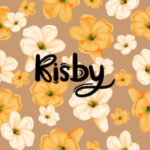May include: A floral pattern featuring watercolor-style flowers in shades of orange and cream, set against a brown background. The word "Kisby" is written in a black, cursive font across the image.