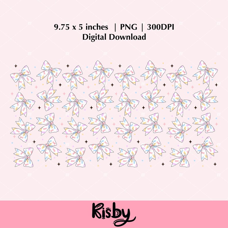 Puede incluir: Una descarga digital de un patr&oacute;n sin costuras con lazos rosas, azules y amarillos sobre un fondo rosa claro. El patr&oacute;n mide 9,75 pulgadas por 5 pulgadas y tiene una resoluci&oacute;n de 300 DPI.