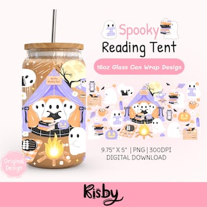 Halloween bookish 16oz glass can wrap png design with adorable ghostly characters reading books inside a camping tent, featuring a campfire, moon, pumpkins, and autumn leaves for book lovers gift