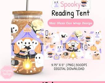 Spooky Reading Tent 16oz Glass Can Wrap Png, Halloween Bookish Ghost Camping Cup Wrap, Book Lovers Tumbler Design