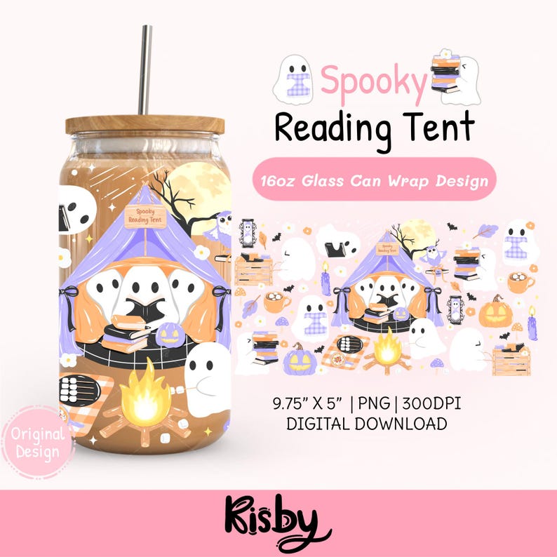 Halloween bookish 16oz glass can wrap png design with adorable ghostly characters reading books inside a camping tent, featuring a campfire, moon, pumpkins, and autumn leaves for book lovers gift