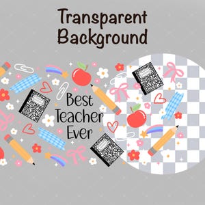 Transparent background PNG showing arranged elements from the wrap design with pencils, paper clips, florals, and books for teacher gifts and sublimation projects.