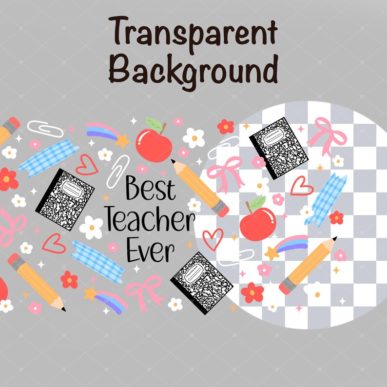 Transparent background PNG showing arranged elements from the wrap design with pencils, paper clips, florals, and books for teacher gifts and sublimation projects.