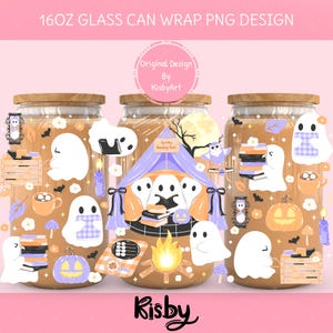 Bookish ghost cup wrap png with campfire elements design for 16oz glass cans