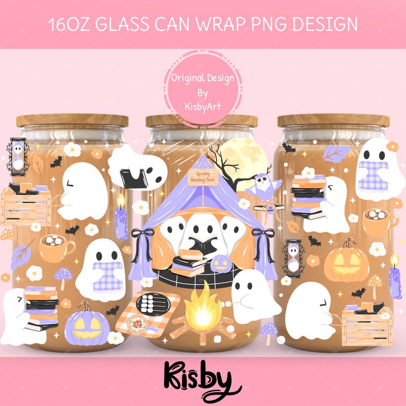 Bookish ghost cup wrap png with campfire elements design for 16oz glass cans