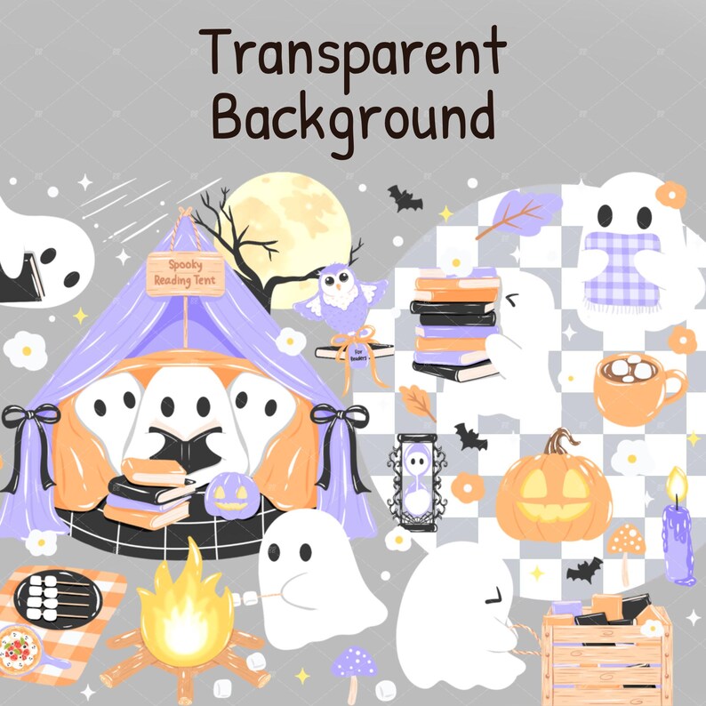 Spooky tumbler wrap design featuring bookish ghosts inside a purple tent with bonfire, marshmallows, pumpkins and Halloween elements