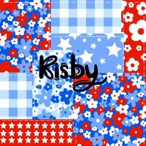 Pode incluir: Um design de colcha de retalhos com cores vermelho, branco e azul. A colcha apresenta uma variedade de padrões, incluindo estrelas, xadrez e estampas florais. A palavra "Risby" está escrita em letras cursivas pretas na colcha.