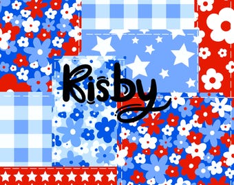 Patriotic Floral Patchwork Seamless Pattern: July 4th Digital Paper Background