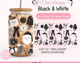 Black Christmas Cup Wrap PNG, Dark Holiday Glass Can 16oz Wrap Design, Xmas Tumbler Sublimation