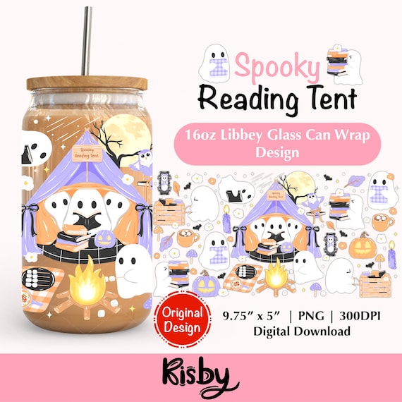 Spooky Reading Tent Glass Can Wrap PNG, Halloween Bookish Ghost Camping 16oz Libbey Cup Design for Book Lovers, Fall Tumbler Wrap Png