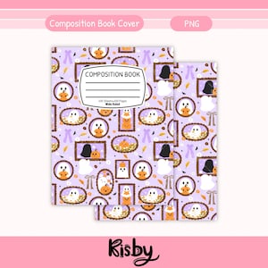 Puede incluir: Dos cuadernos de composición con un diseño de Halloween. Las cubiertas presentan un patrón repetido de fantasmas, calabazas y murciélagos sobre un fondo lavanda. El texto "Composition Book" se muestra en la portada.