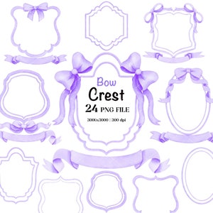 May include: A set of 24 purple watercolour bow and crest frames with ribbons. The frames are ideal for adding a touch of elegance to your designs.