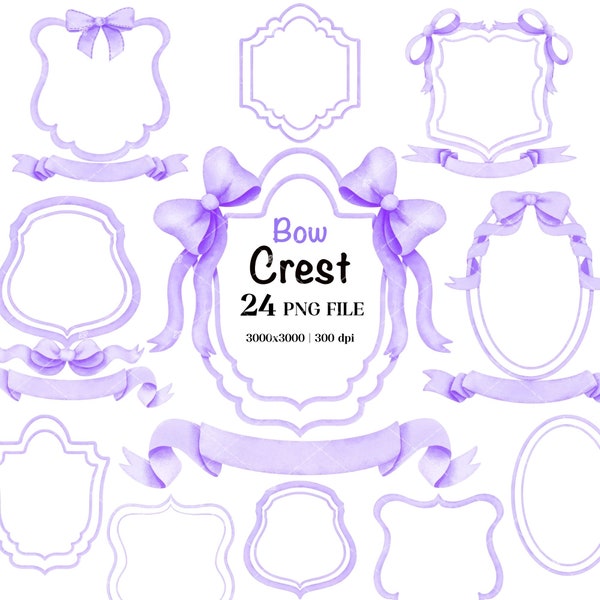 Purple Coquette Ribbon Bow Crest PNG Clipart, Preppy Grandmillennial Png, Hand Painted Banner, Wedding Monogram Crest, Digital Download