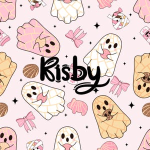 May include: A pink background with a repeating pattern of cartoon ghosts holding concha pastries. The text "Risby" is written in black cursive letters in the center of the image.